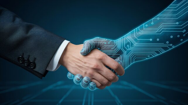 Business partnership handshake with futuristic digital technology integration