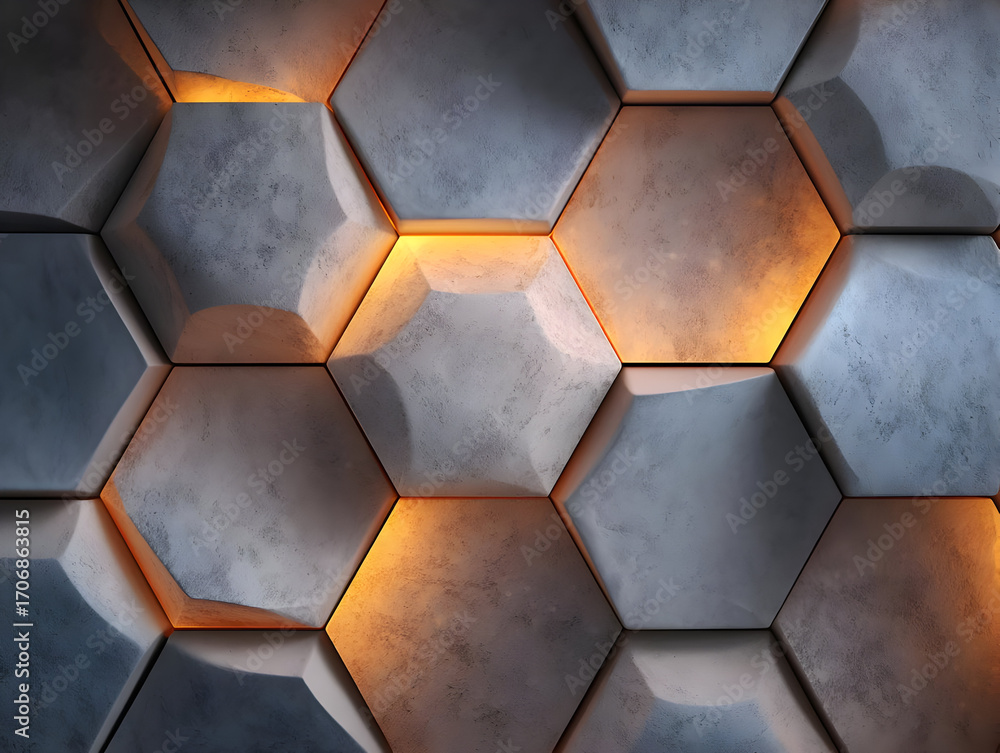 Poster a modern hexagonal wall design featuring soft illumination, blending texture and light for a stunnin