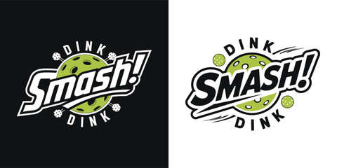 Pickleball smash dink logo graphic with paddle and ball sports emblem for apparel, team branding, and t shirt design