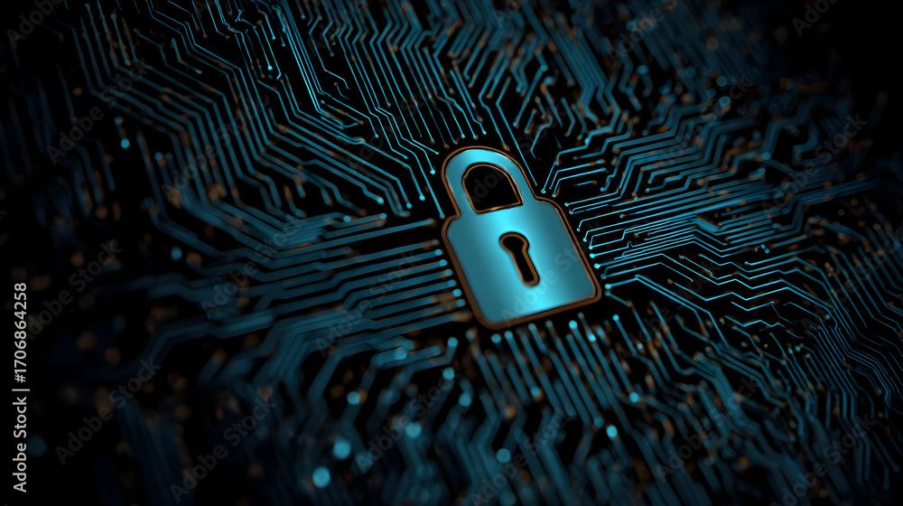 Poster close-up image of a digital lock symbol overlaid on a dark circuit board background, symbolizing cyb