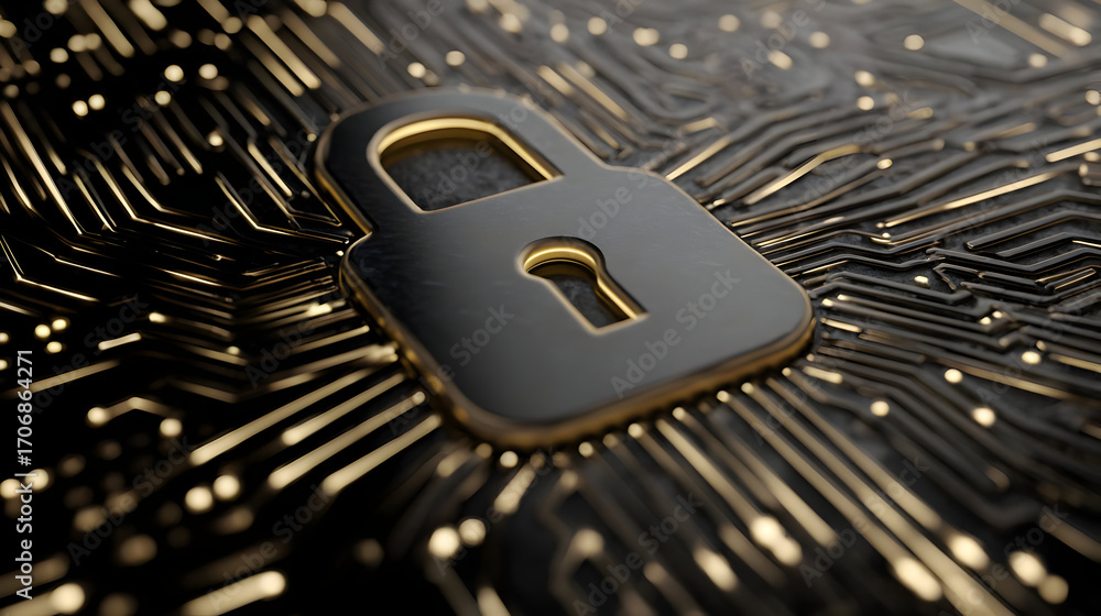 Poster a close-up of a black lock symbol against a backdrop of intricate golden circuit patterns, represent