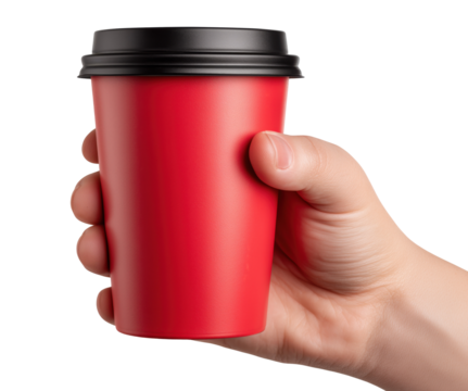 Male hand gripping bright red disposable coffee cup with black lid, isolated on transparent background