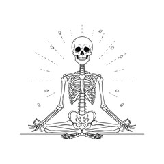A human skeleton meditating in a crosslegged Padmasana yoga pose with a radiant aura.