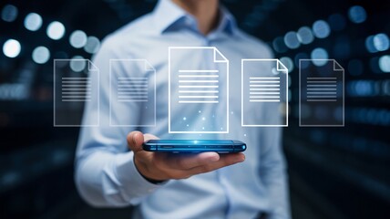 Man holding smartphone with digital document icons floating above