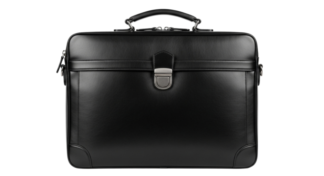 Elegant professional black leather attache case or business bag isolated on a Transparent Background