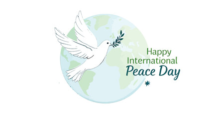 Minimalist vector of a white dove carrying an olive branch flying across the Earth, representing global harmony and unity for the International Day of Peace