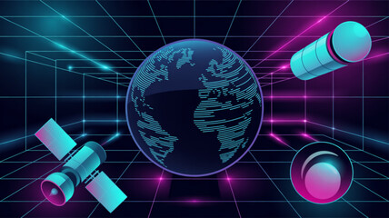 Abstract digital technology background with earth globe, satellite, and grid lines in blue and pink neon colors for a modern and futuristic look