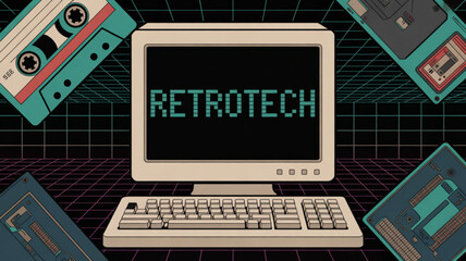 Retro tech illustration featuring a vintage computer with the word retrotech on the screen surrounded by cassette tapes on a grid background