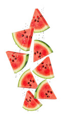 Falling watermelon slices isolated on transparent background