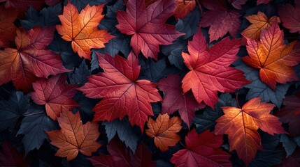 Vibrant Autumn Leaves in Rich Shades of Red and Orange on Dark Background