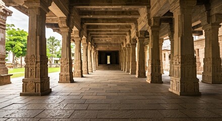 Long shot of a historic corridor with intricately carved stone pillars and a tiled floor leading to a distant doorway