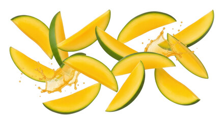 Mango slices falling isolated on transparent background