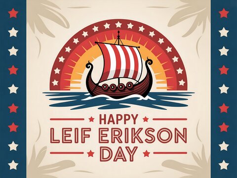 Happy leif erikson day greeting card with viking ship on background