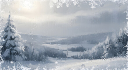 Serene winter landscape with snow-covered trees and rolling hills under a cloudy sky with a frosted glass effect background.