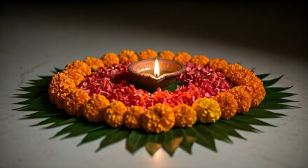 Close-up of a Diwali rangoli with marigold flowers and a lit diya on a green leaf against a dark background with warm tones.