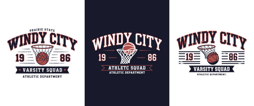 Windy City basketball varsity squad emblem retro athletic typography with hoop and ball illustration for sportswear and t shirt design