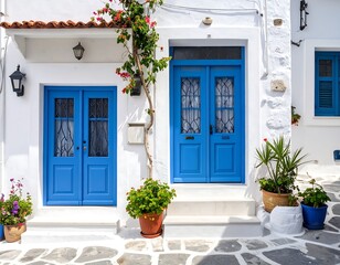 Whitewashed houses with blue doors and flowers