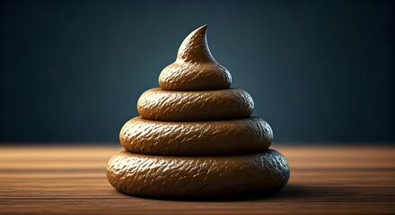 A realistic depiction of a brown pile of feces on a wooden surface against a dark background