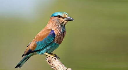 Close-up profile of a colorful Indian roller perched on a branch against a blurred green background with vibrant turquoise and brown plumage.