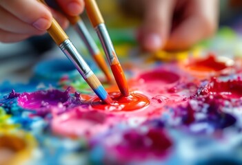Close-up of hands painting with vibrant colors on a palette