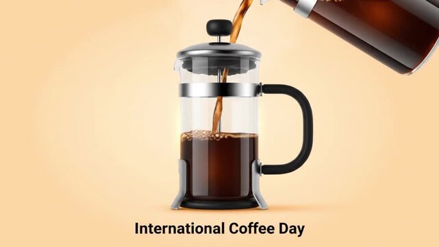 Pouring coffee from a French press on International Coffee Day with a warm beige background