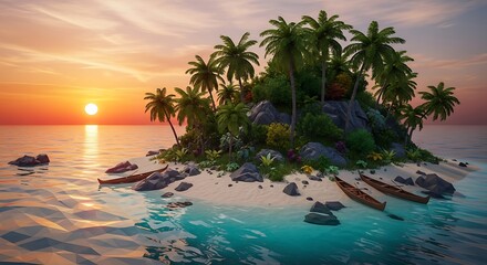 A tranquil tropical island paradise at sunset, showcasing a lush, vibrant landscape with palm trees, and two wooden canoes on a sandy beach.