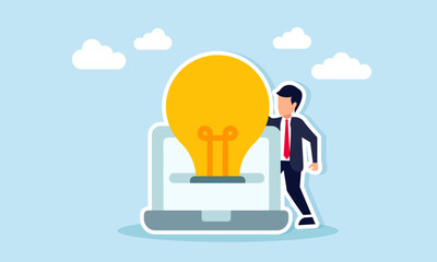 Businessman standing near a light emerging from a monitor illustration of getting business ideas from browsing on the internet