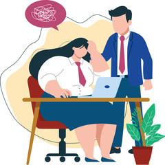 Overweight Woman at Work Desk Feeling Stress Under Pressure While Male Boss Comforts Her Encouragement Illustration