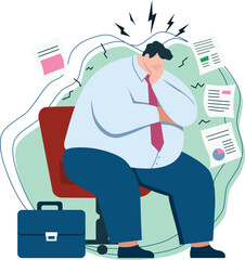 Overweight Man Sitting at Desk Stressed by Work Deadlines, Office Pressure, Job Overload Illustration