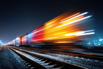 Vibrant freight train speeding through a night landscape with blurred lights and tracks