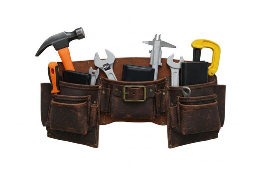 A rustic leather tool belt filled with various construction and repair tools, perfect for themes of craftsmanship, DIY, and home improvement, isolated on white.