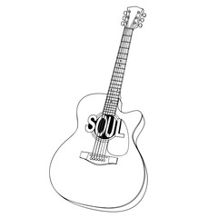 Black and white line art illustration of an acoustic guitar with the word SOUL over the soundhole.