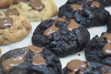 Chocolate cookies with melty chocolate topping on display