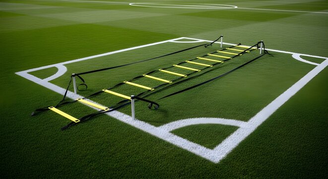 Soccer Training concept with an agility ladder, natural lighting, and deep focus for sharp textures.