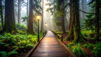 Misty boardwalk path through a lush forest