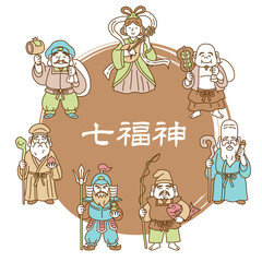 かわいい七福神の線画ベクターイラストセット