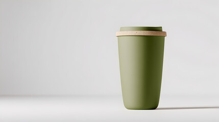 An Olive-Green reusable coffee mug on display