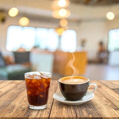 Iced coffee and latte on a wooden table in a cafe