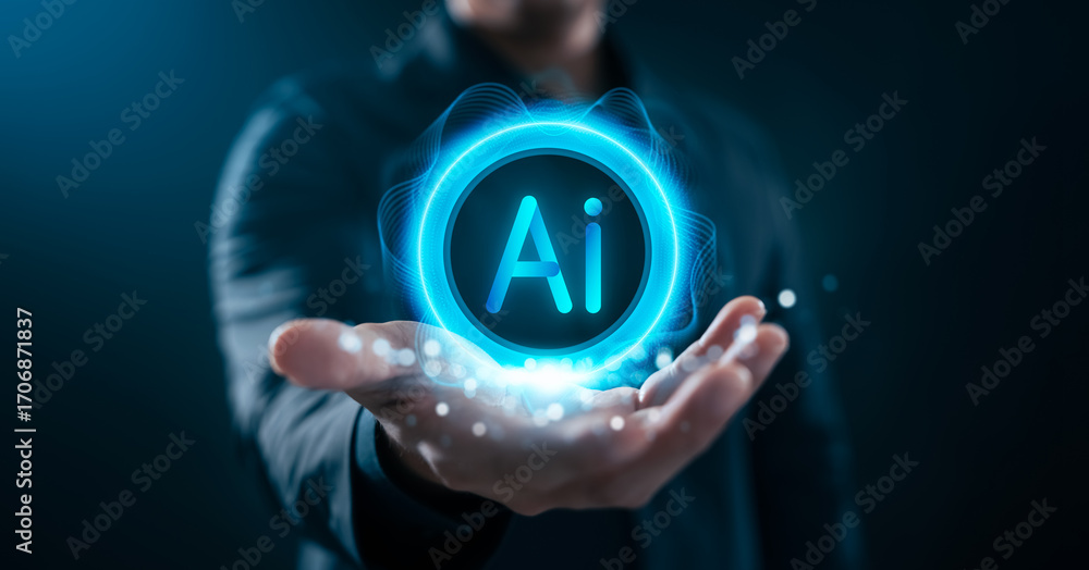 Poster artificial intelligence concept with businessman hand holding glowing ai icon on digital interface. 