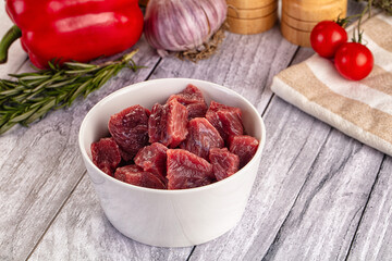 Raw beef meat cubes pieces