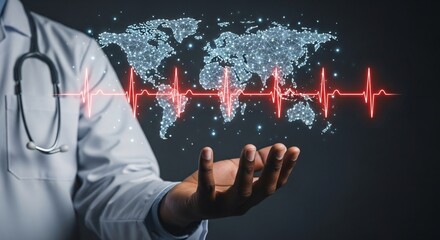 Doctor Holding Digital World with Heartbeat Pulse in Hand Concept