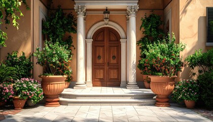 Ornate entranceway, classical style, lush landscaping