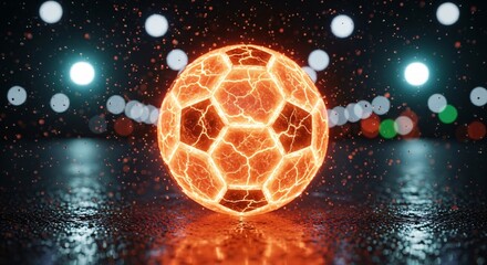 Intense Glowing Soccer Ball with Energy Cracks on Dark Background