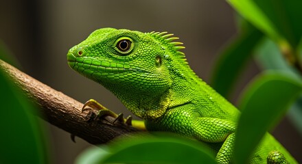 Obraz premium Close-up of a vibrant green lizard perched on a branch.