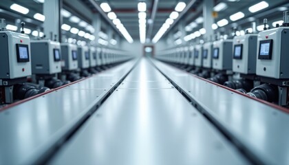 Modern Automation in a Clean Room Empty Conveyor Belt Stretches into the Distance