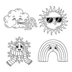 Cute handdrawn weather characters collection with anthropomorphic faces including a sun cloud snowflake and rainbow.