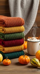 A stack of colorful ribbed knit sweaters sits atop a wooden surface, complemented by small pumpkins and a mug of warm beverage, creating a cozy autumnal scene.