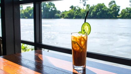 Iced drink by a river view