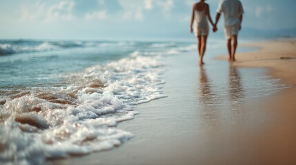 A couple walks hand-in-hand along a sandy beach with gentle waves washing ashore under a partly cloudy sky.