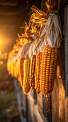 Beautifully lit dried corn hanging in a rustic setting, showcasing nature's bounty at sunset.